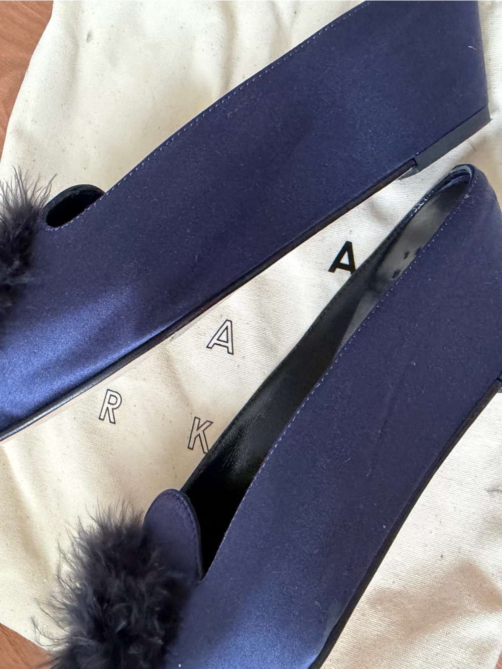 Trademark Navy Satin Feather Mules - Picture 5 of 9